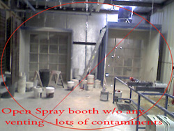 Contaminated open air Spray Booth without proper ventilation to outside